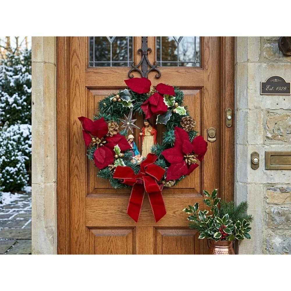Traditional Pre-Lit Poinsettia Nativity Christmas Wreath – Holy Family & Red Vel